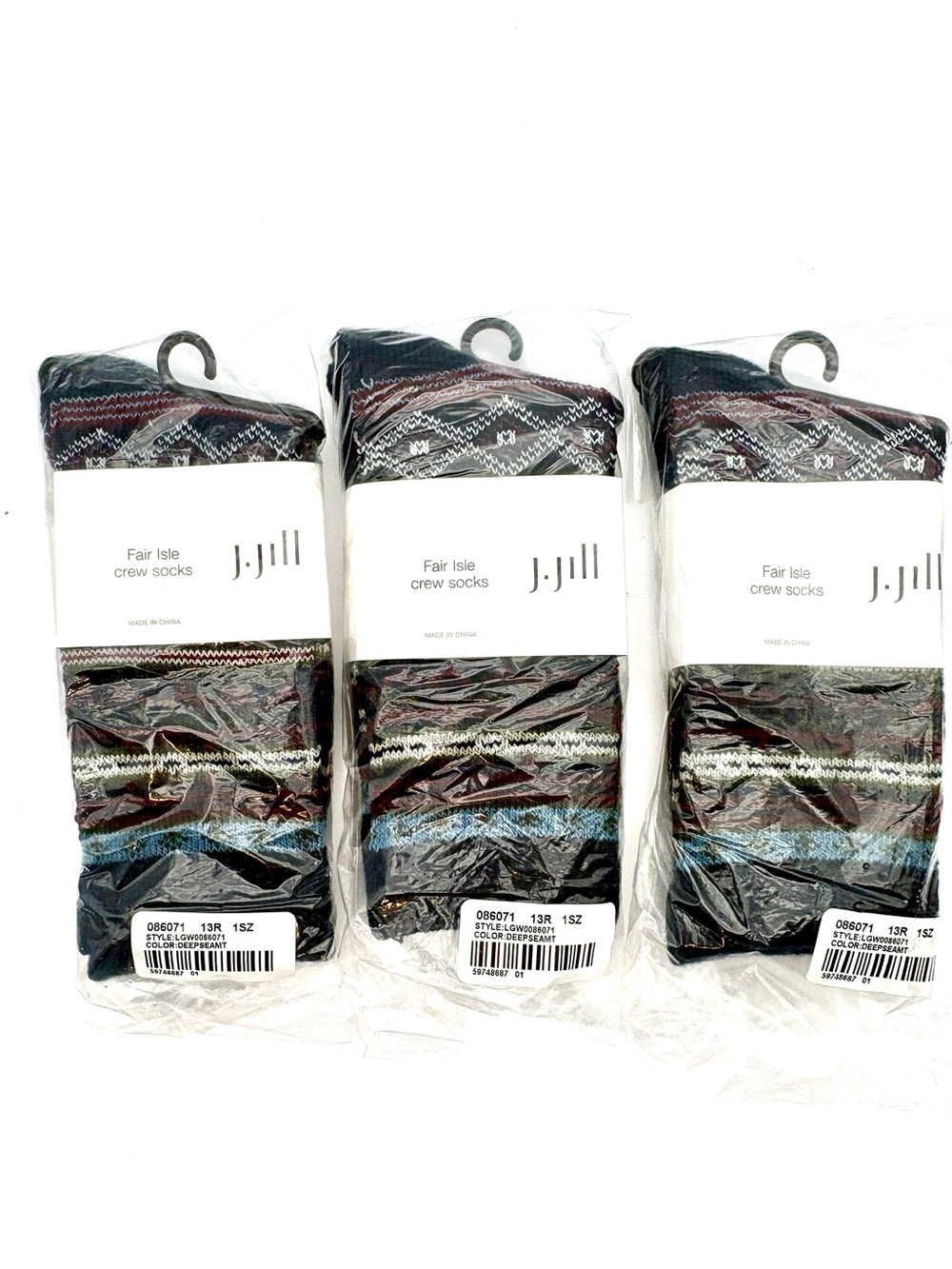 J.Jill Women’ Fair Isle Crew Socks in Black with Blue, Green & Burgundy Accents